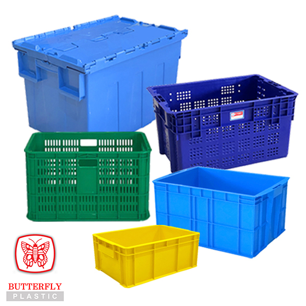 Stackable plastic crates and industrial containers in various sizes