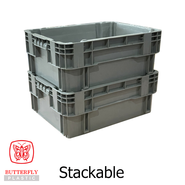 5504 Stackable Crate — Rectangular crate with solid walls, open top, ribbed sides, cut-out hand grip.