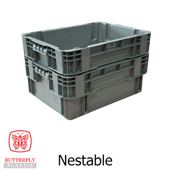 5504 Stackable Crate — Rectangular crate with solid walls, open top, ribbed sides, cut-out hand grip.